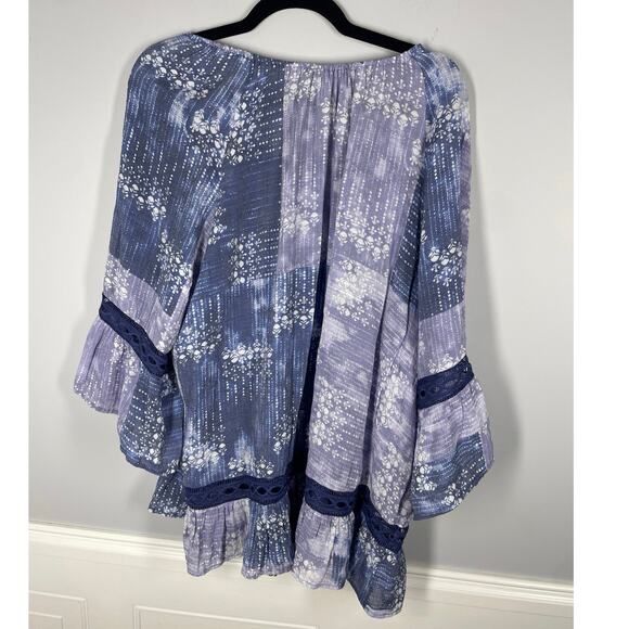 Zack & Rachel, Size 2X, Blue & Purple Patchwork Boho Blouse, Crochet Trim, Plus - Picture 6 of 7